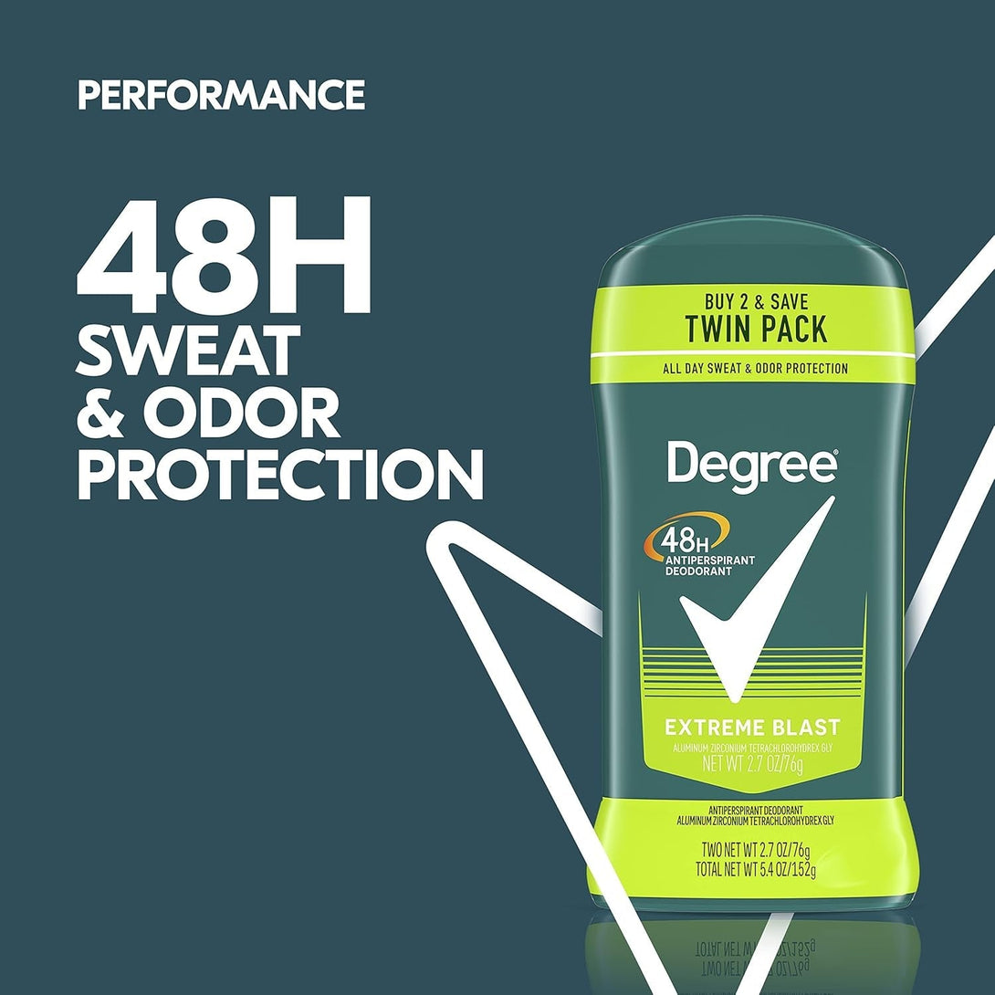 Degree Men Original Protection Antiperspirant Deodorant Extreme Blast Twin Pack 48-Hour Sweat and Odor Protection Antiperspirant for Men 2.7 Oz