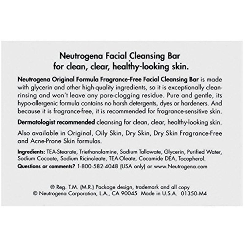 Neutrogena Original Fragrance-Free Facial Cleansing Bar with Glycerin, Pure & Transparent Gentle Face Wash Bar Soap, Free of Harsh Detergents, Dyes & Hardeners, 3.5 Oz