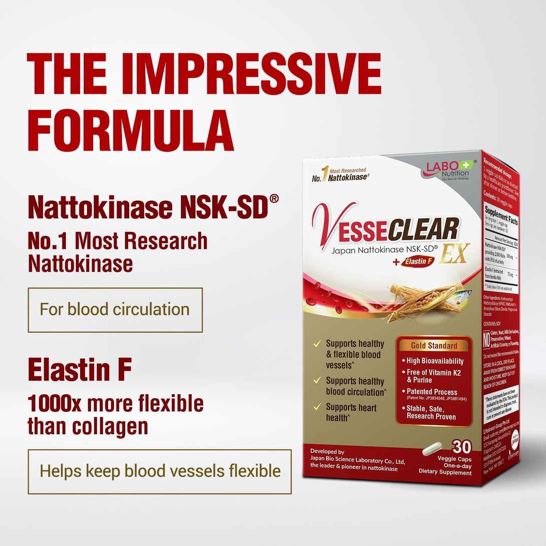 LABO Nutrition Vesseclear EX: Nattokinase Nsk-Sd+Elastin F for Clean & Flexible Blood Vessel. Japan'S Most Research Proven, Functional Dose, Acid-Resistant/Delayed Release Capsules