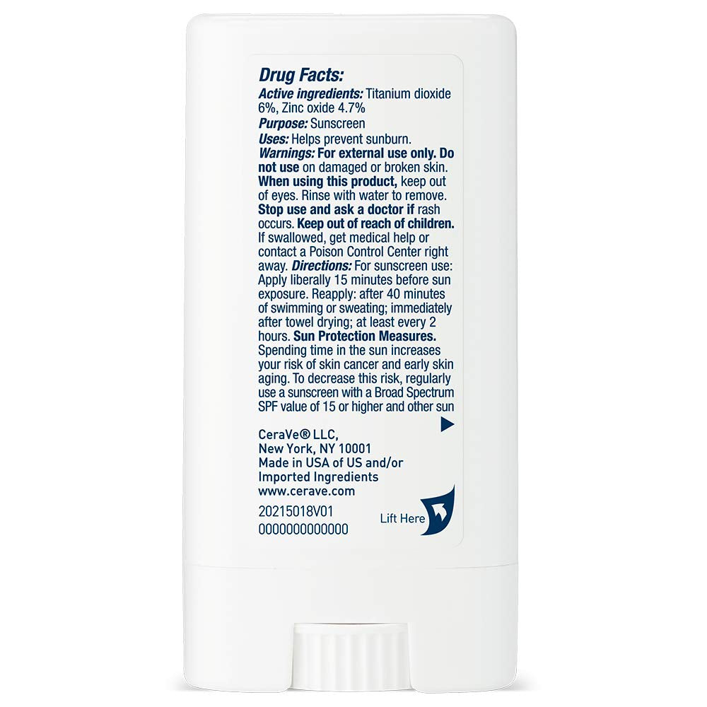 Cerave Mineral Sunscreen Stick SPF 50, Broad Spectrum SPF + Hyaluronic Acid + Ceramides, Titanium Dioxide & Zinc Oxide, 100% Mineral Face Sunscreen Stick, Fragrance Free & Oil Free