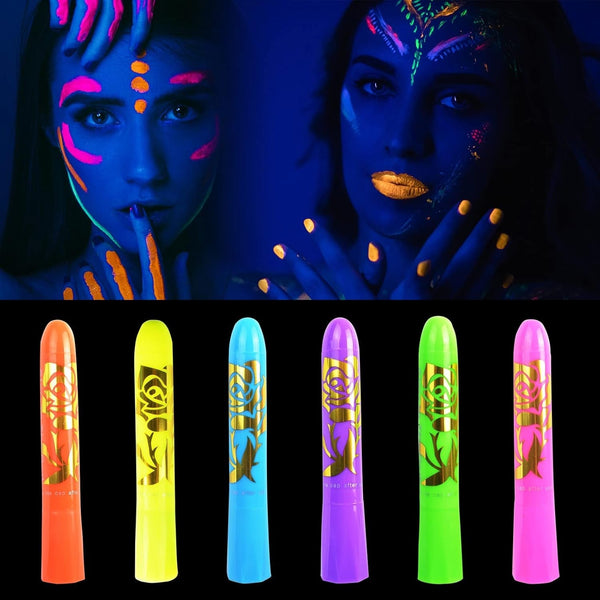 6 Pcs Glow in the Light Body Face Paint, Face Painting Kit, UV Crayon Kit Fluorescent Body Paints for Adults for Birthday Party Halloween Masquerade Makeup Outdoor for Kids