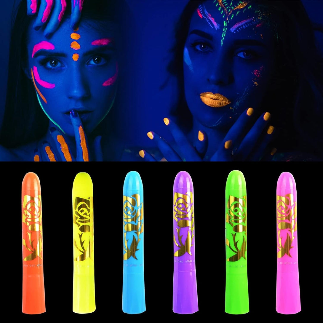 6 Pcs Glow in the Light Body Face Paint, Face Painting Kit, UV Crayon Kit Fluorescent Body Paints for Adults for Birthday Party Halloween Masquerade Makeup Outdoor for Kids
