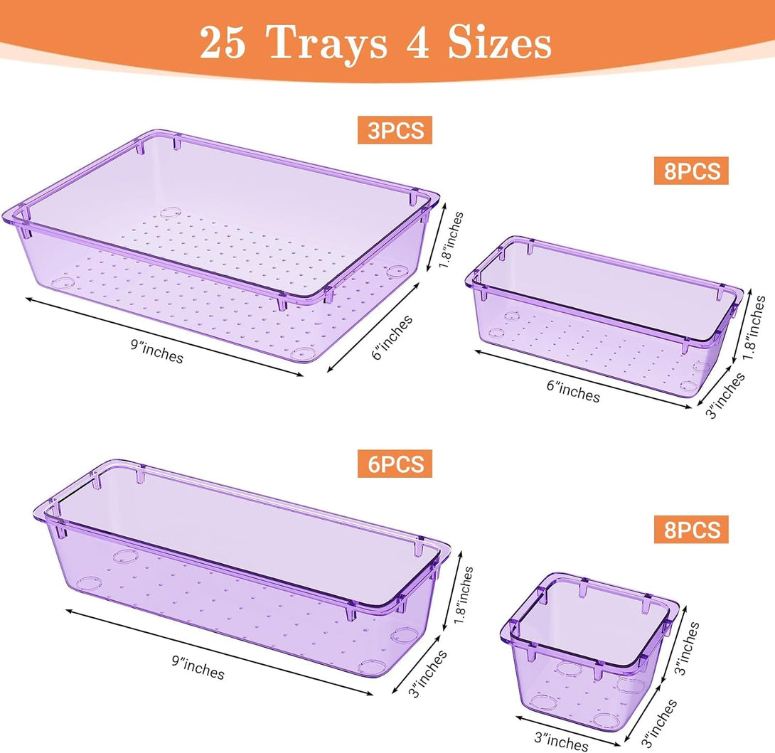 25 PCS Plastic Drawer Organizer Set, 4-Size Versatile Organizer Trays & Storage Bins for Makeup, Jewelry, and Gadgets in Bathroom, Bedroom and Office, Purple