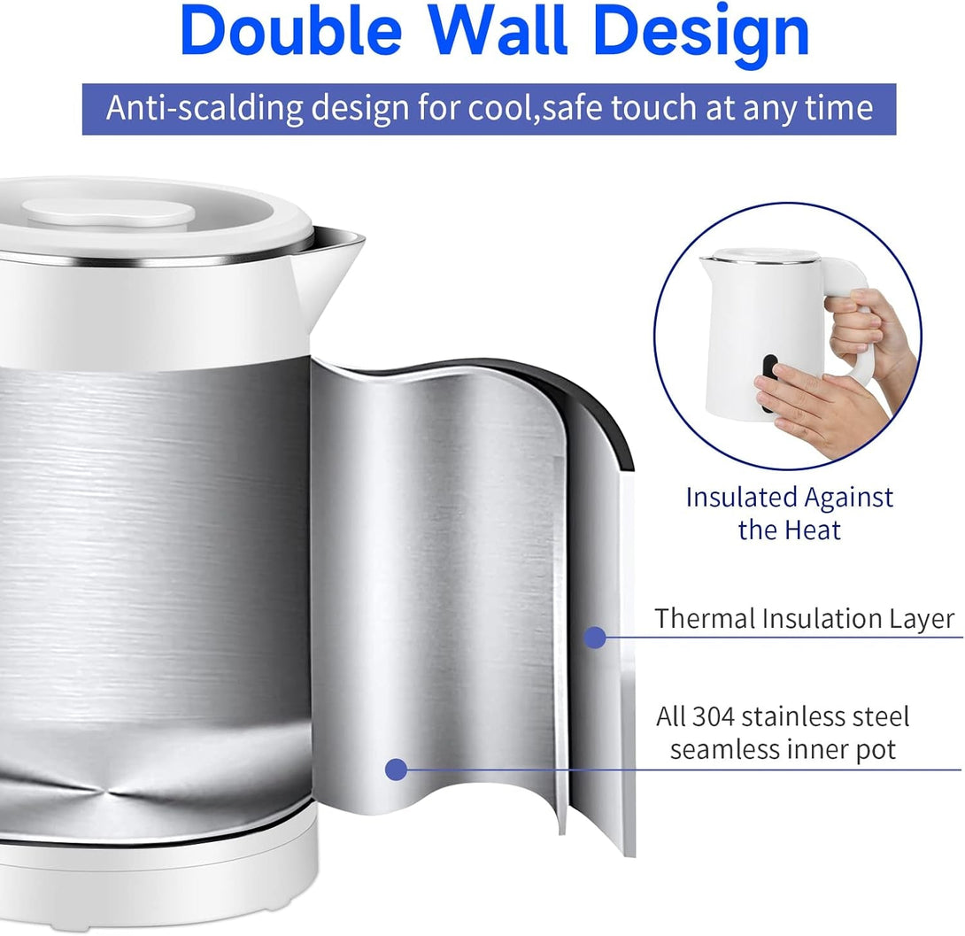 Small Electric Tea Kettle Stainless Steel, 0.8L Portable Mini Hot Water Boiler Heater, Travel Electric Coffee Kettle with Auto Shut-Off & Boil Dry Protection (White)
