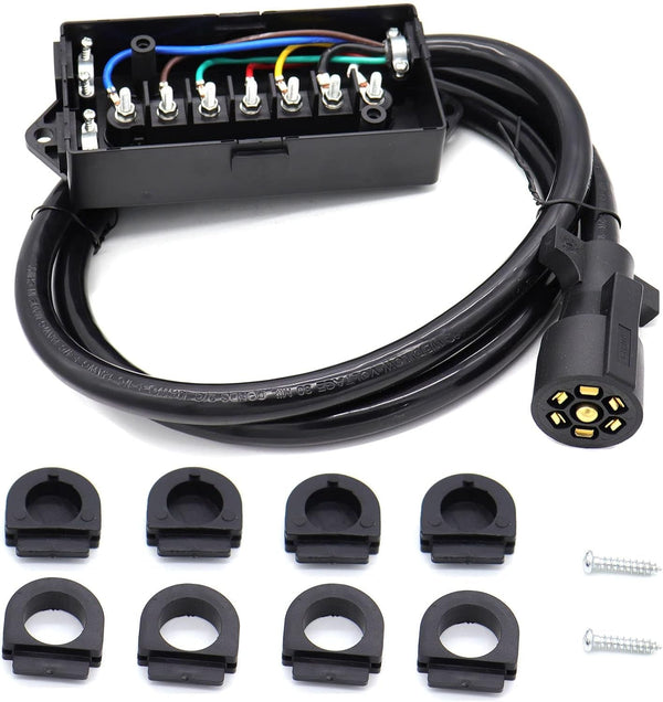 6 Foot 7 Pin Trailer Plug Wiring Harness 7 Way RV Trailer Cord Wire with 7 Gang Waterproof Junction Box