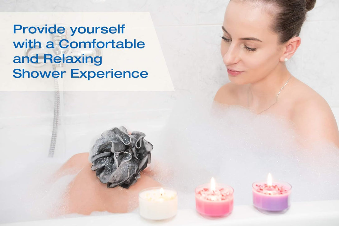 XXL 90G Charcoal Shower Loofah 3 Pack by Tilcare - Perfect Bath Sponge for Exfoliating for Men & Women - Body Scrubber Brush for Cleansing and Smooth Skin - Scrubbies That Remove Excess Oil and Dirt