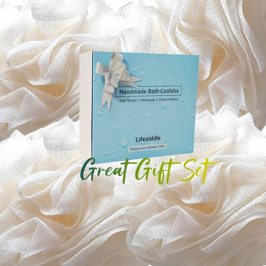 Loofah-Bath Sponge Set-Large, 4 Pack Bath Scrubbers, Soft Mesh White Puff-Cleansing Body Scrub for Men and Women: Skin Soothing Exfoliation Tools (Elegant White-60G)