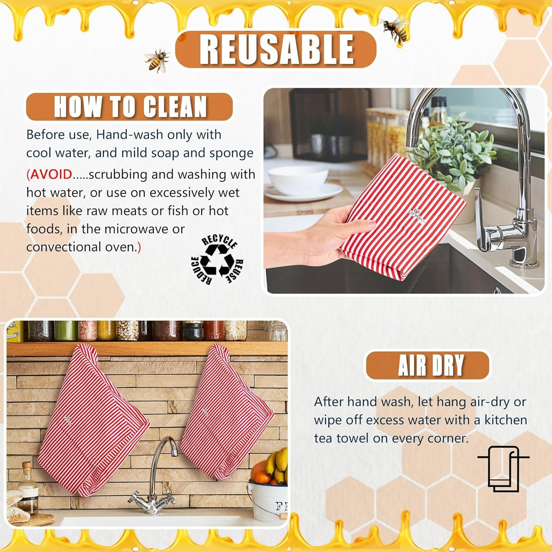 Li'L Things Eco-Friendly Reusable Beeswax Bread Bags | Improved Beeswax Coating | Set of 2 Sizes | 13'X13' & 15’X 9’ | 6 Different Themes | Great for Home Baked Store-Bought Bread | Stripey Red