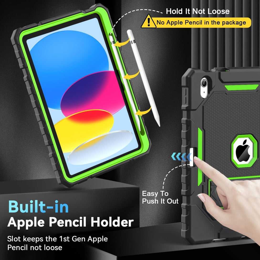 Grifobes for Ipad A16 Case 11Th Generation 11 Inch 2025 / Ipad 10Th Generation Case 10.9 Inch 2022, Heavy Duty Military Grade Shockproof Cover with Pencil Holder for I Pad 11/10 (Black+Green)