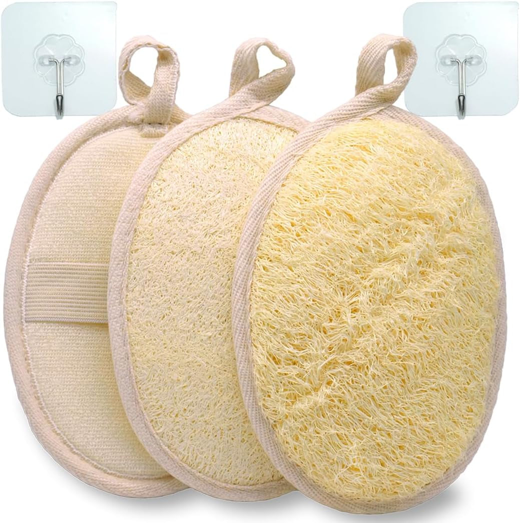 3 Pack Natural Loofah Bath Exfoliation Body Scrubber & Shower Sponge, Eco-Friendly Biodegradable Exfoliating Scrubber for Women & Men, Beige