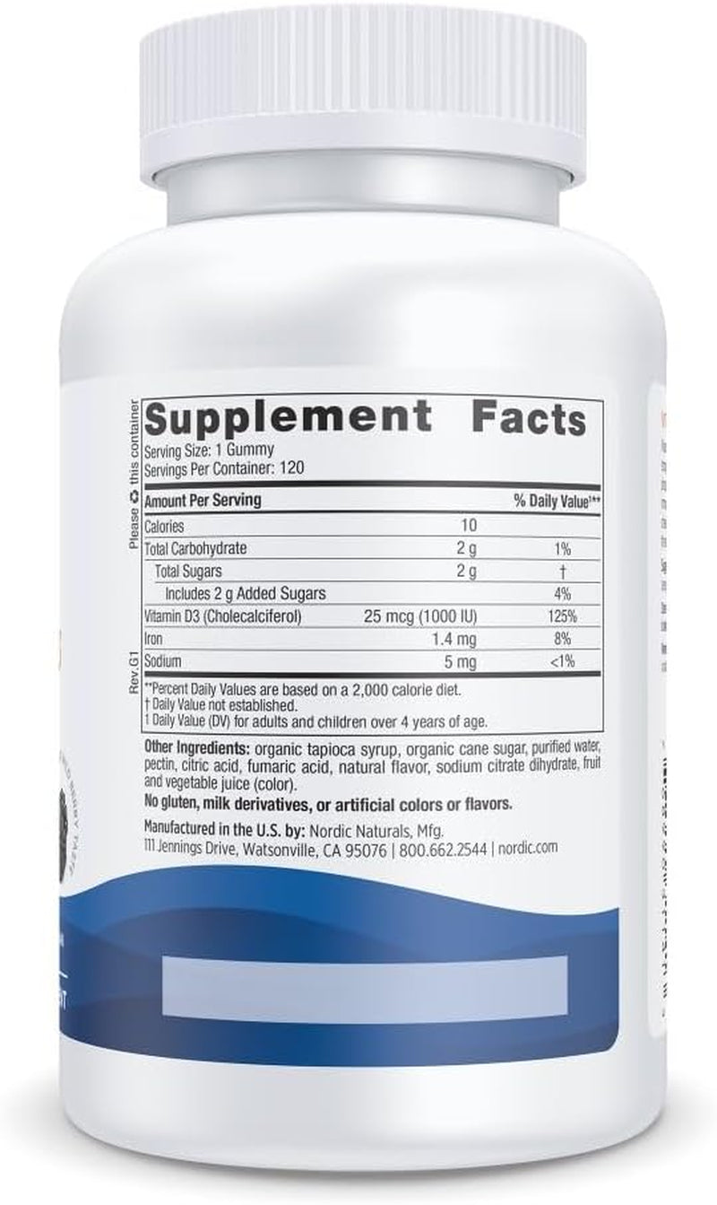 Nordic Naturals Vitamin D3 Gummies, Wild Berry - 120 Gummies - 1000 IU Vitamin D3, 1.4 Mg Iron - Great Taste - Healthy Bones, Mood & Immune System Function - Non-Gmo - 120 Servings