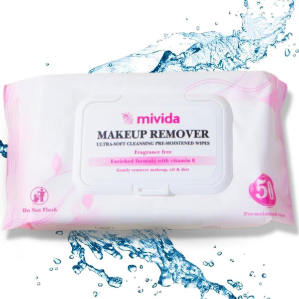 Mivida Hypoallergenic Makeup Remover Wipes | Daily Cleansing Facial Towelettes with Vitamin E for Sensitive Skin | 50 Count Fragrance-Free, Alcohol-Free Face Wipes