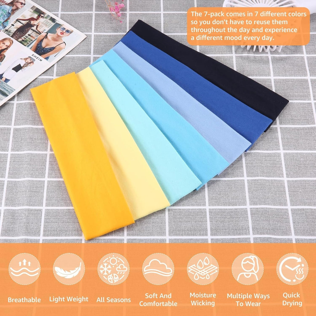 Headbands for Women Non Slip - 7PCS Fashion Sports Hair Bands for Women'S Hair, Soft Cotton Cloth Stretchy Headbands for Women for Workout Yoga Running