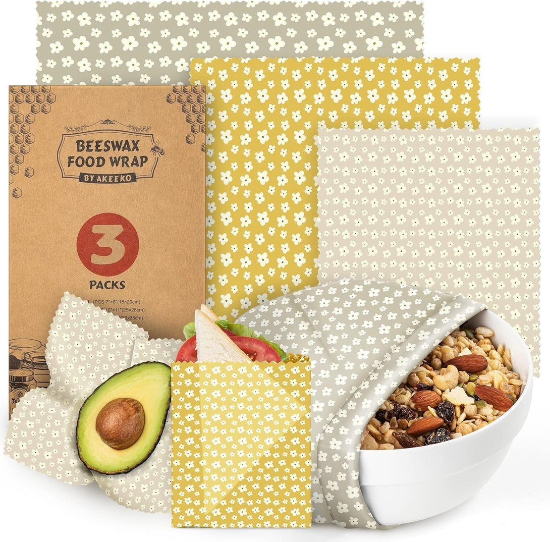 Akeeko Reusable Beeswax Food Wraps - Assorted 3 Packs, Reusable, Plastic-Free Food Storage, 1 Small, 1 Medium, 1 Large Wraps, Dusty Yellow Pattern