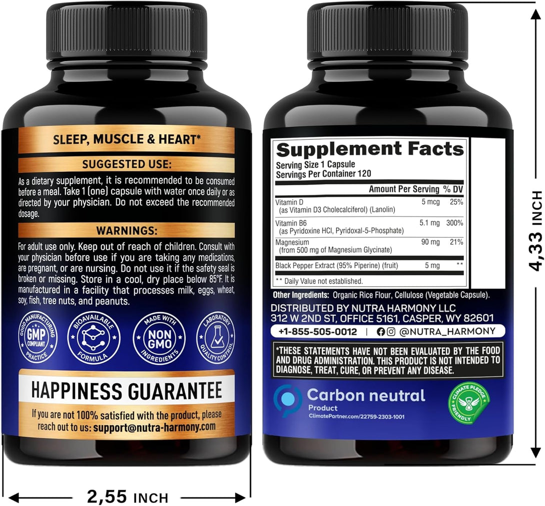 Magnesium Glycinate 500 Mg - Chelated Supplement - 98% High Absorption - Support for Sleep, Muscle & Heart Health - Made in USA, Lab Tested & Non-Gmo - 120 Capsules