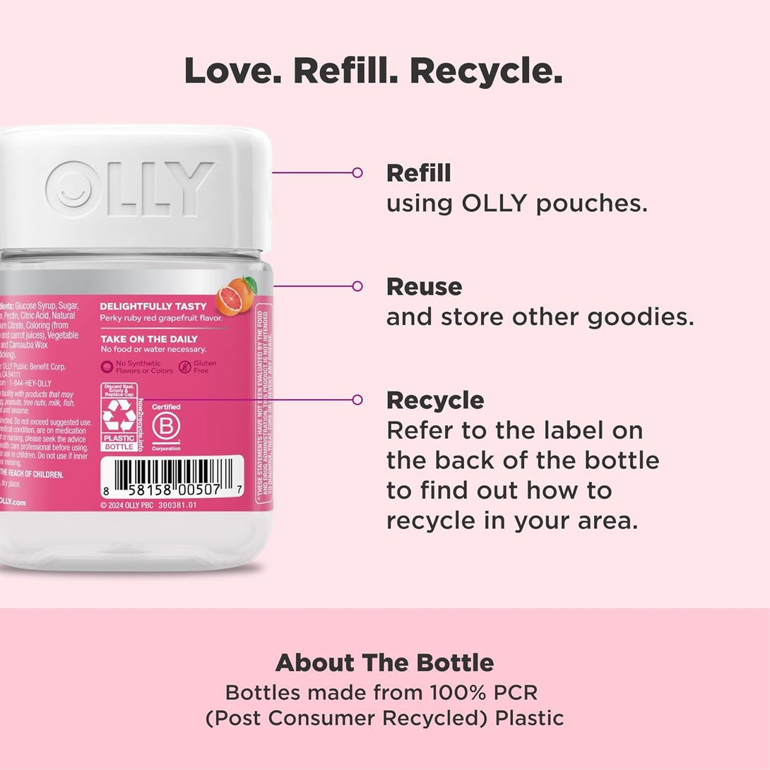 OLLY Undeniable Beauty Gummy, for Hair, Skin, Nails, Biotin, Vitamin C, Keratin, Chewable Supplement, Grapefruit, 30 Day Supply - 60 Count