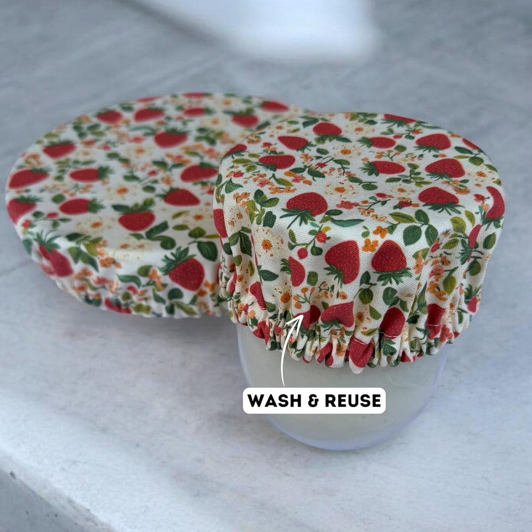 (4-Pack) Sourdough Reuseable Jar & Bowl Covers | Cute Baking Gift | 100% Cotton | Washable | Bread Proofing | Kitchen Food Storage Gifting | Starter Cover Lid Kit (Strawberry)