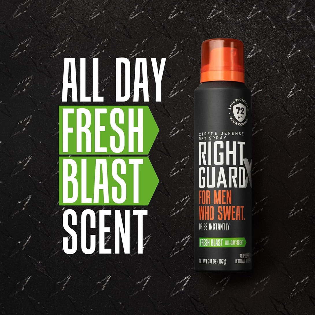 Right Guard Xtreme Defense Antiperspirant & Deodorant Spray | 5-In-1 Protection Dry Spray Deodorant for Men | Blocks Sweat 2X Longer | 72-Hour Odor Control | Fresh Blast Scent, 3.8 Oz. (3 Count)