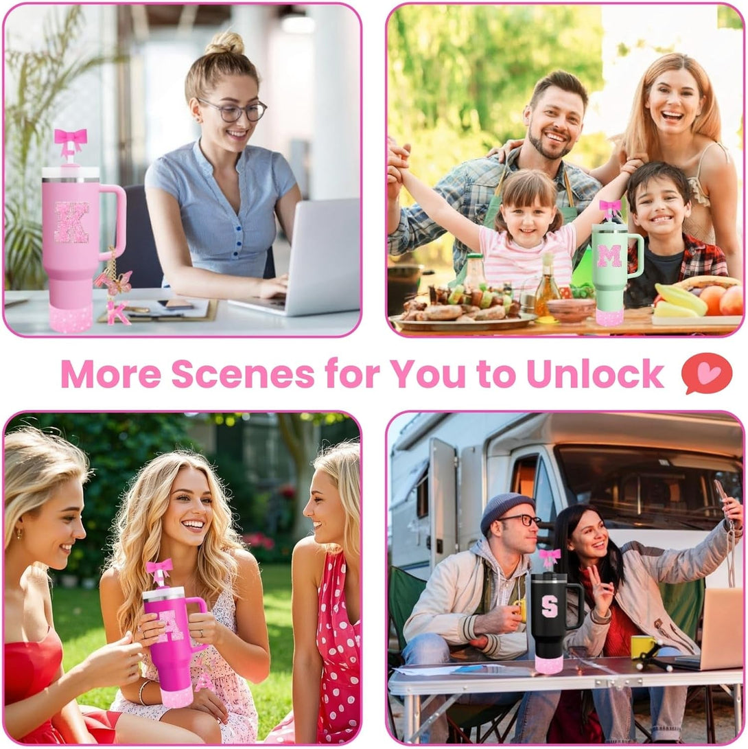 6PCS Pink Stanley Cup Accessories Set, Initials Decorations for Stanley Cup 30Oz 40Oz, Includes Bow Straw Topper, Handle Charm, Letter Sticker, Silicone Boot, Spill Proof Stopper (Letter M)