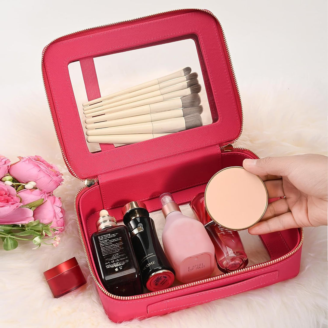 Aveniee Clear Makeup Bags, Double Layer Cosmetic Bags with a Separate Brush Compartment, Large Travel Toiletry Bag Train Case for Women, Travel Accessories Organizer(2 Layers Large, Hotpink)