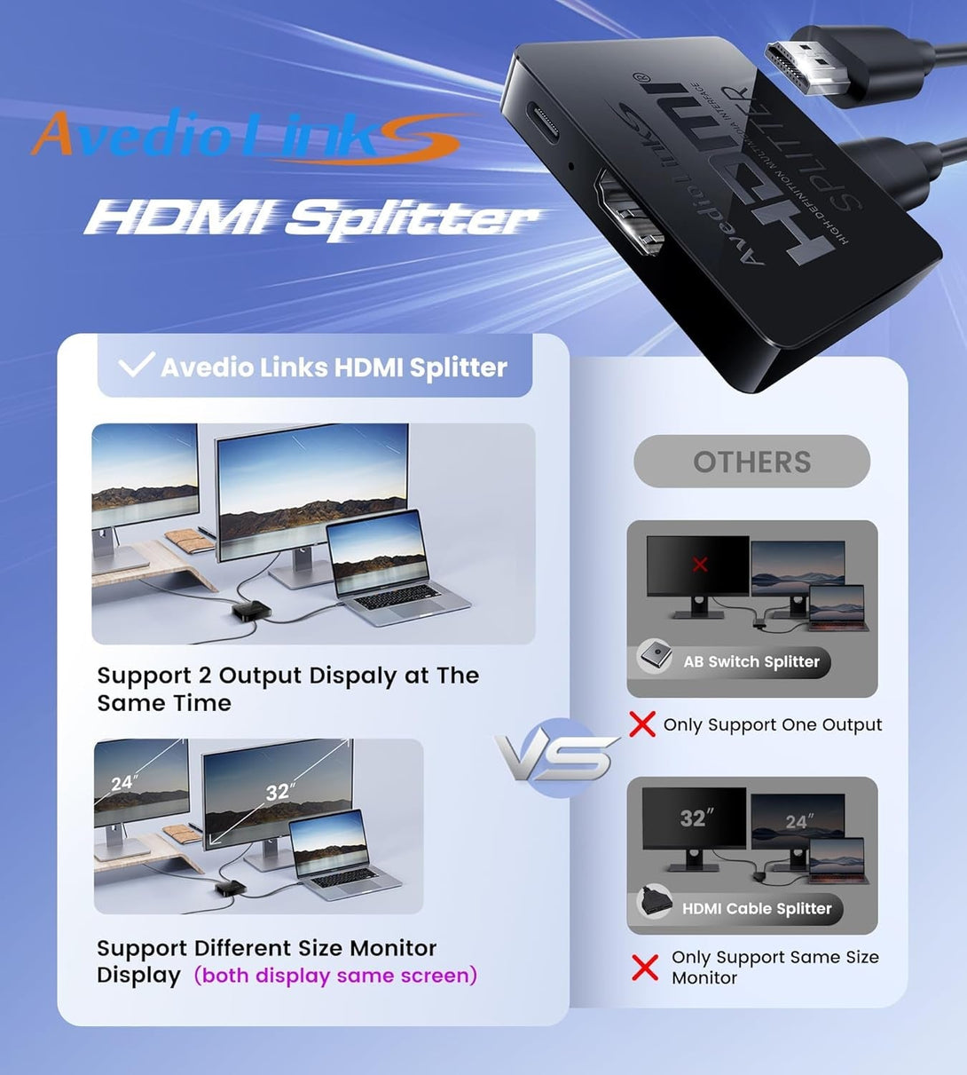 Avedio Links HDMI Splitter 1 in 2 Out [With 4 Ft Hdmi Cable] Not for Extended Mode-Mirror Same Screen Only, 4K 1X2 HDMI Splitter 1 to 2 for 3D 1080P@60Hz, Copy 1 Source to 2 Displays at the Same Time