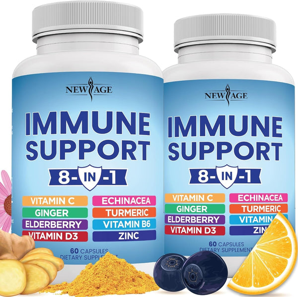 NEW AGE 8 in 1 Immune Support Booster Supplement with Echinacea, Vitamin C and Zinc 50Mg, Vitamin D 5000 IU, Turmeric Curcumin & Ginger, B6, Elderberry 120 Count (Pack of 2)