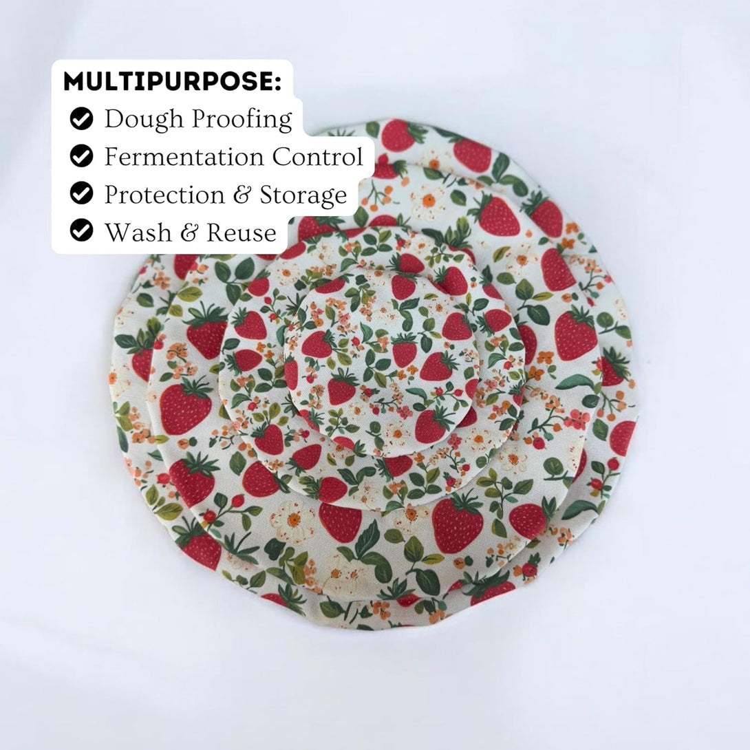 (4-Pack) Sourdough Reuseable Jar & Bowl Covers | Cute Baking Gift | 100% Cotton | Washable | Bread Proofing | Kitchen Food Storage Gifting | Starter Cover Lid Kit (Strawberry)