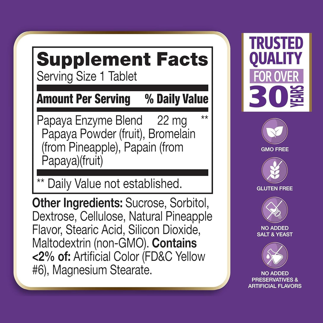 21St Century Papaya Enzyme Chewable (100 Count), Papaya & Pineapple Digestive Enzymes for Gut Health, Tropical Flavor, Non-Gmo, Gluten-Free, No Added Salt, Yeast, Artificial Flavors