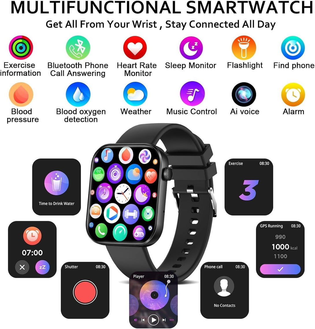 Smart Watch(Answer/Make Call), 1.96" Smart Watch for Men Women IP68 Waterproof, Smartwatch for Android Ios with 100+ Sport Modes, Fitness Tracker, Heart Rate Sleep Monitor, AI Voice
