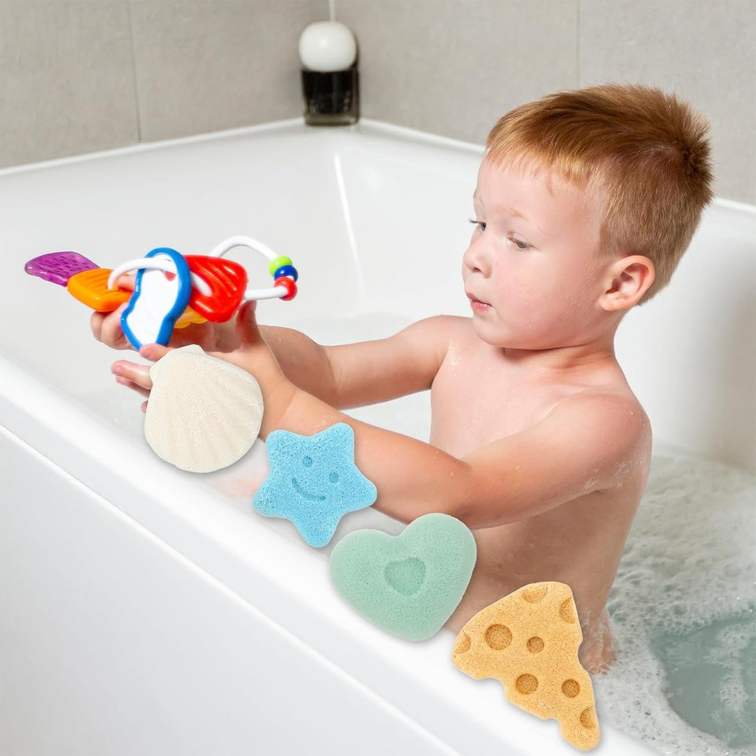 4 Pcs Bath Sponges, Natural Soft Cute Shapes Safe Foam Loofah Plant-Based Lots of Lather Stars Cheese Shape Heart Large Size Shower Body Sponges for Oily Dry Combination Skin Bathing