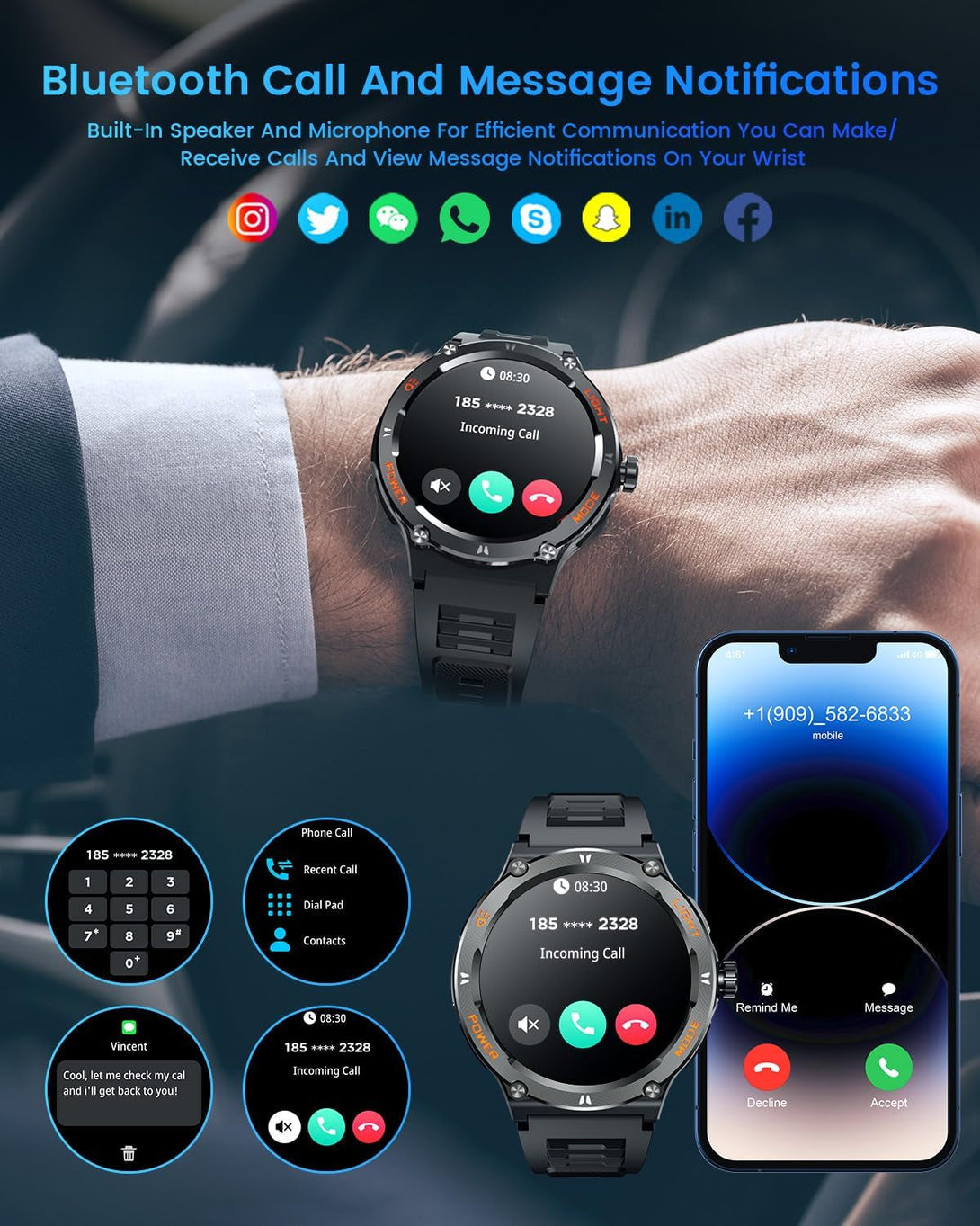Smartwatch Men Fitness Tracker Watch: Smart Watches 1.53" round Touchscreen 3ATM Waterproof LED Flashlight Bluetooth Call Heart Rate Blood Pressure Sport Step Pedometer Compass Compatible Android Ios