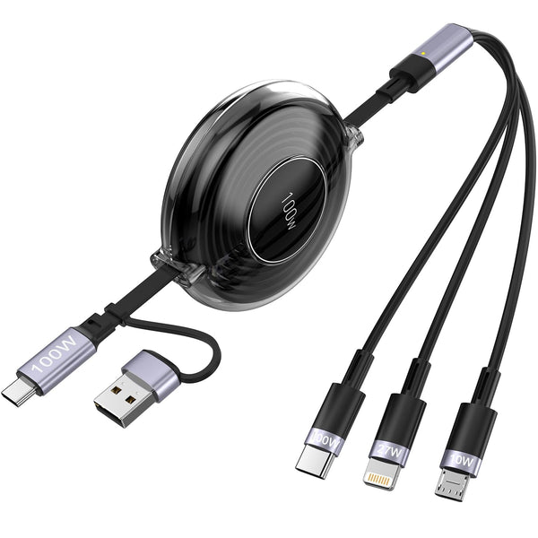 3-In-1 Retractable Multi Charging Cable, 100W Fast Charging USB-C/A to Lightning/Usb-C/Micro USB Phone Charger Cord for Iphone 16/15, Samsung, Macbook, Ipad (Black)