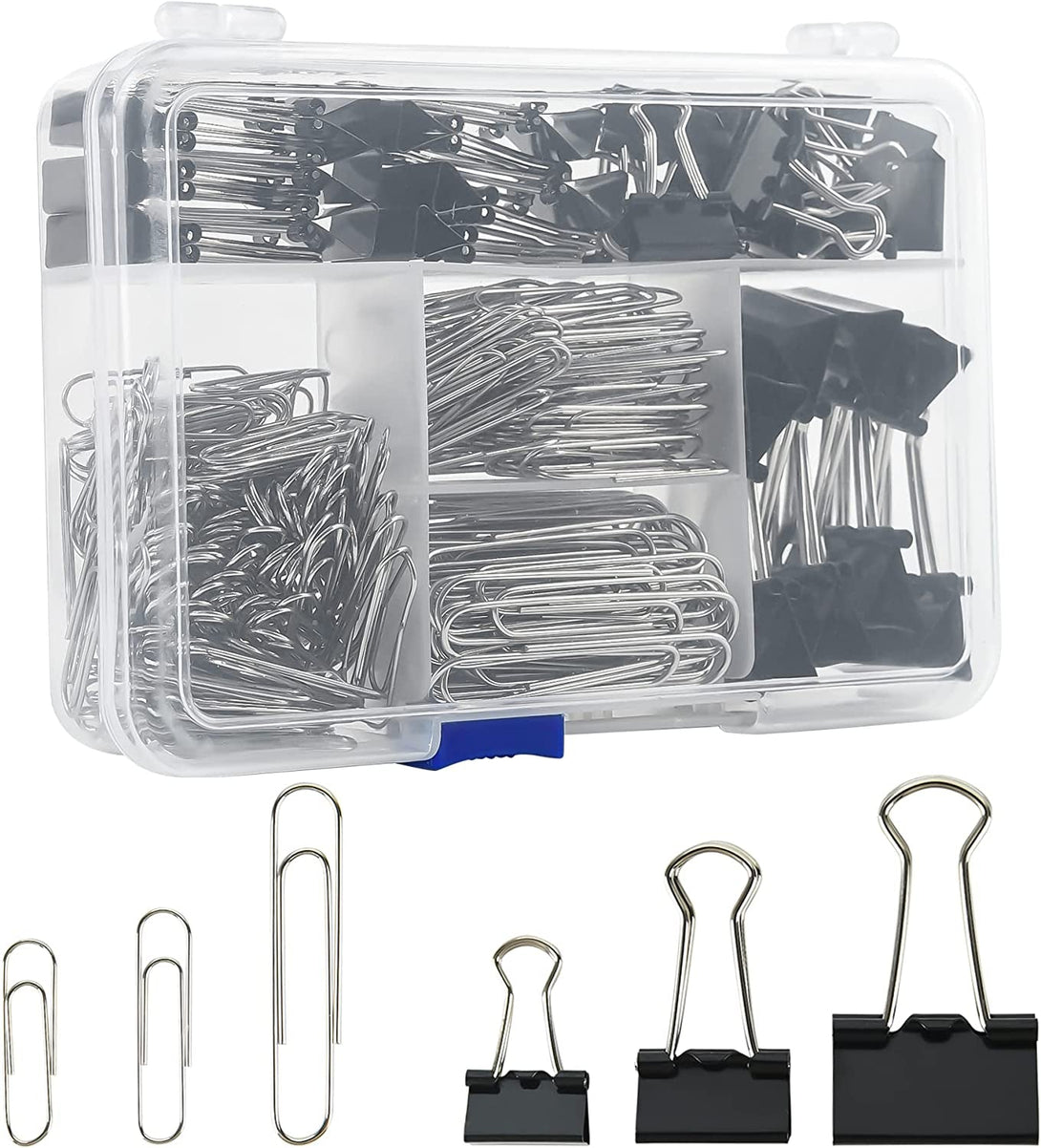 Assorted Size Binder Clips & Jumbo Paper Clips Set - 340Pcs Black, Large for Office & School Supplies, in Container with Compartments