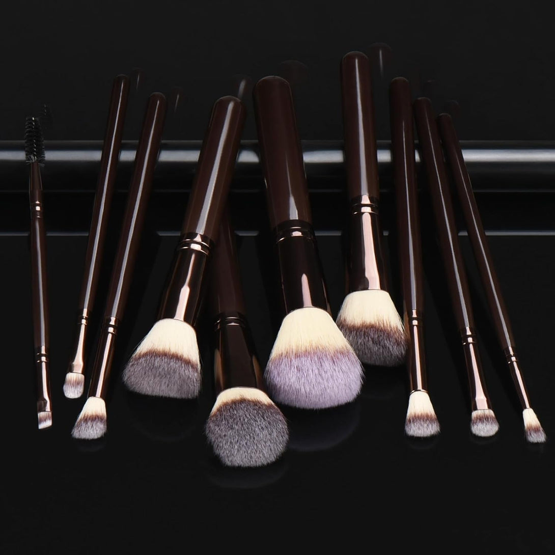 10 Piece Black Brown Makeup Brushes - Wooden Handle with Soft Synthetic Bristles,For Face & Eye Makeup|Professional Makeup Brushes Set for Women & Girls|