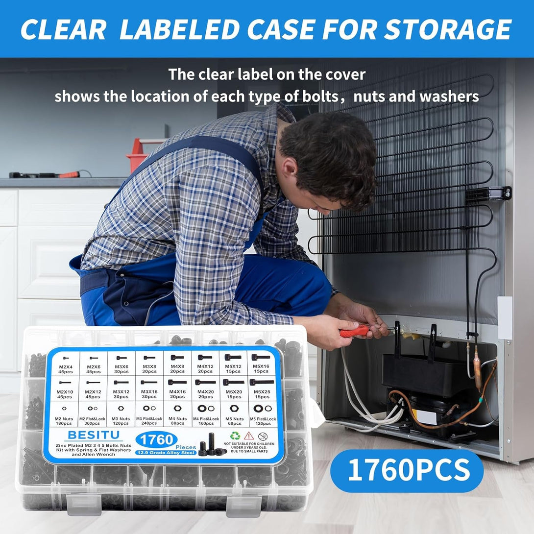 1760Pcs M2 M3 M4 M5 Metric Screw Assortment, Grade 12.9 Alloy Steel Hex Socket Head Cap Bolts and Nuts Kit, Black Zinc Plated and anti Rust Screw Set with 4 Pcs Hex Wrenches