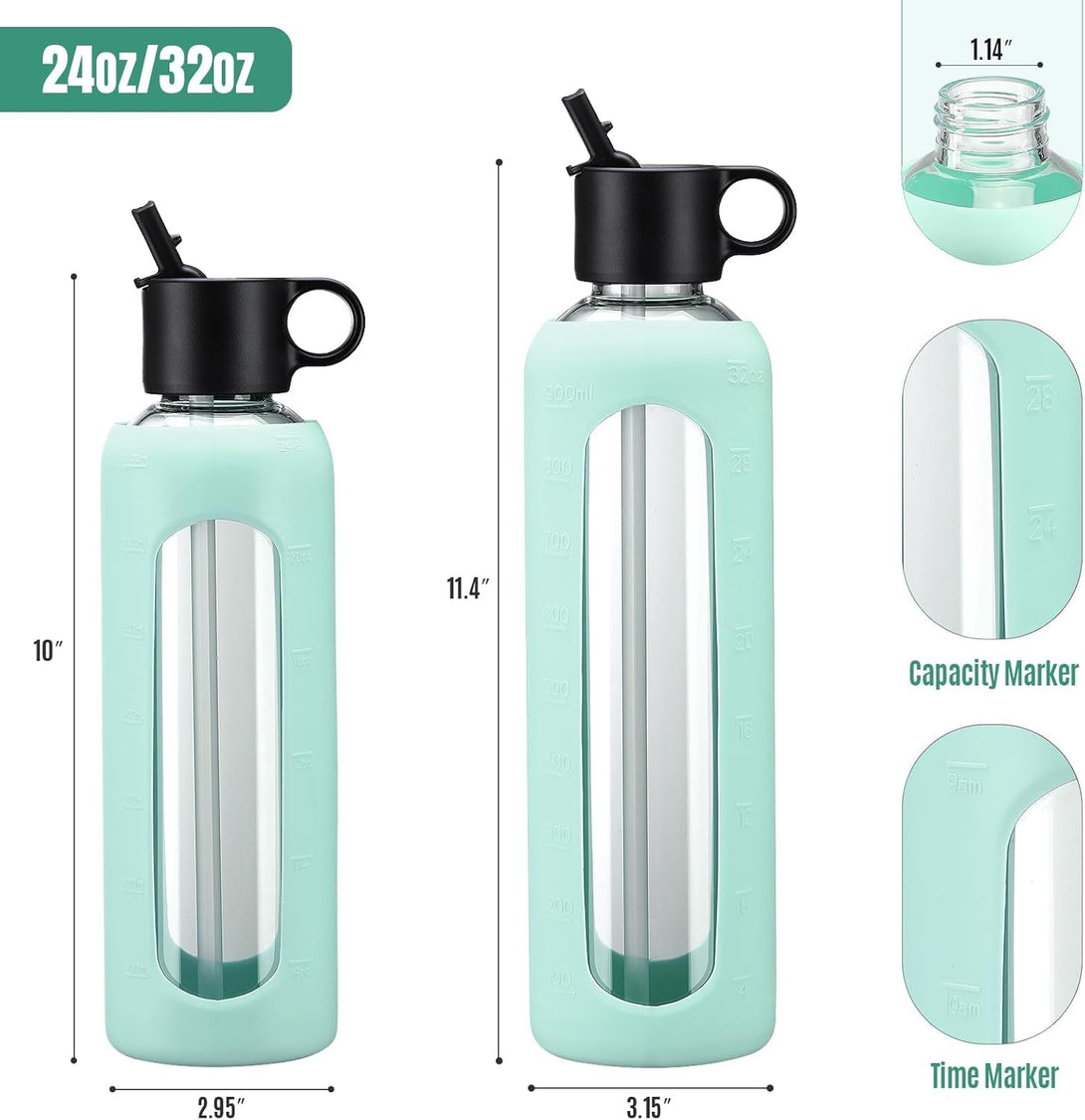 24Oz Glass Water Bottle with 2 Lids, Glass Tumbler with Silicone Sleeve, Drinking Bottles with Motivational Time Marker,1 Pack-Light Blue