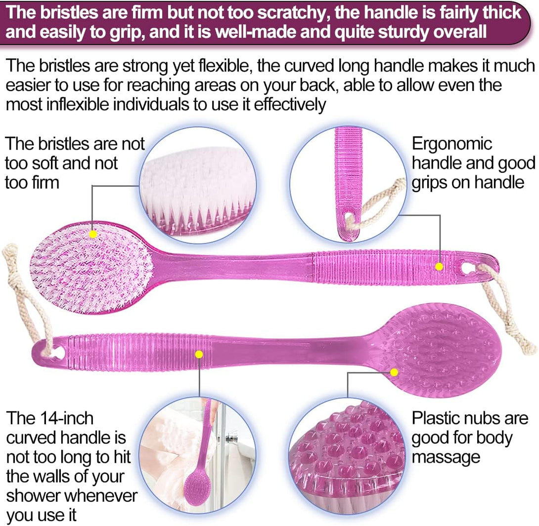 Back Bath Brush - Curved Long Handle Shower Brush with Medium Stiff Bristles for Exfoliating Body, Back Scrubber for Men & Women (Pink 2 Pack)