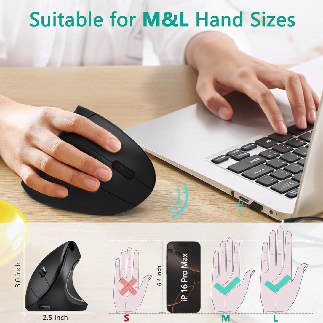 Lekvey Ergonomic Mouse, Vertical Wireless Mouse - Rechargeable 2.4Ghz Optical Vertical Mice : 3 Adjustable DPI 800/1200/1600 Levels 6 Buttons, for Laptop, PC, Computer, Desktop, Notebook Etc, Black