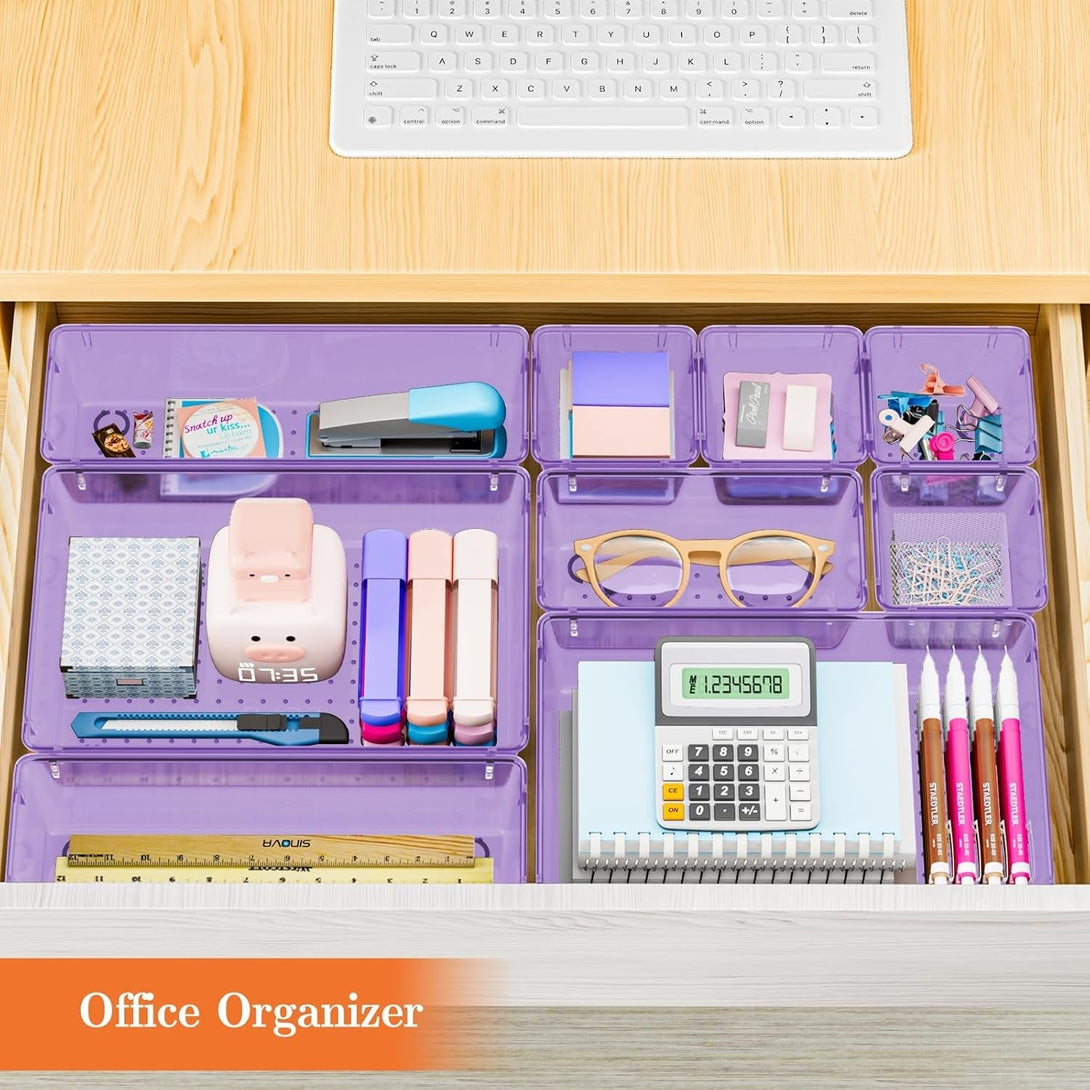 25 PCS Plastic Drawer Organizer Set, 4-Size Versatile Organizer Trays & Storage Bins for Makeup, Jewelry, and Gadgets in Bathroom, Bedroom and Office, Purple
