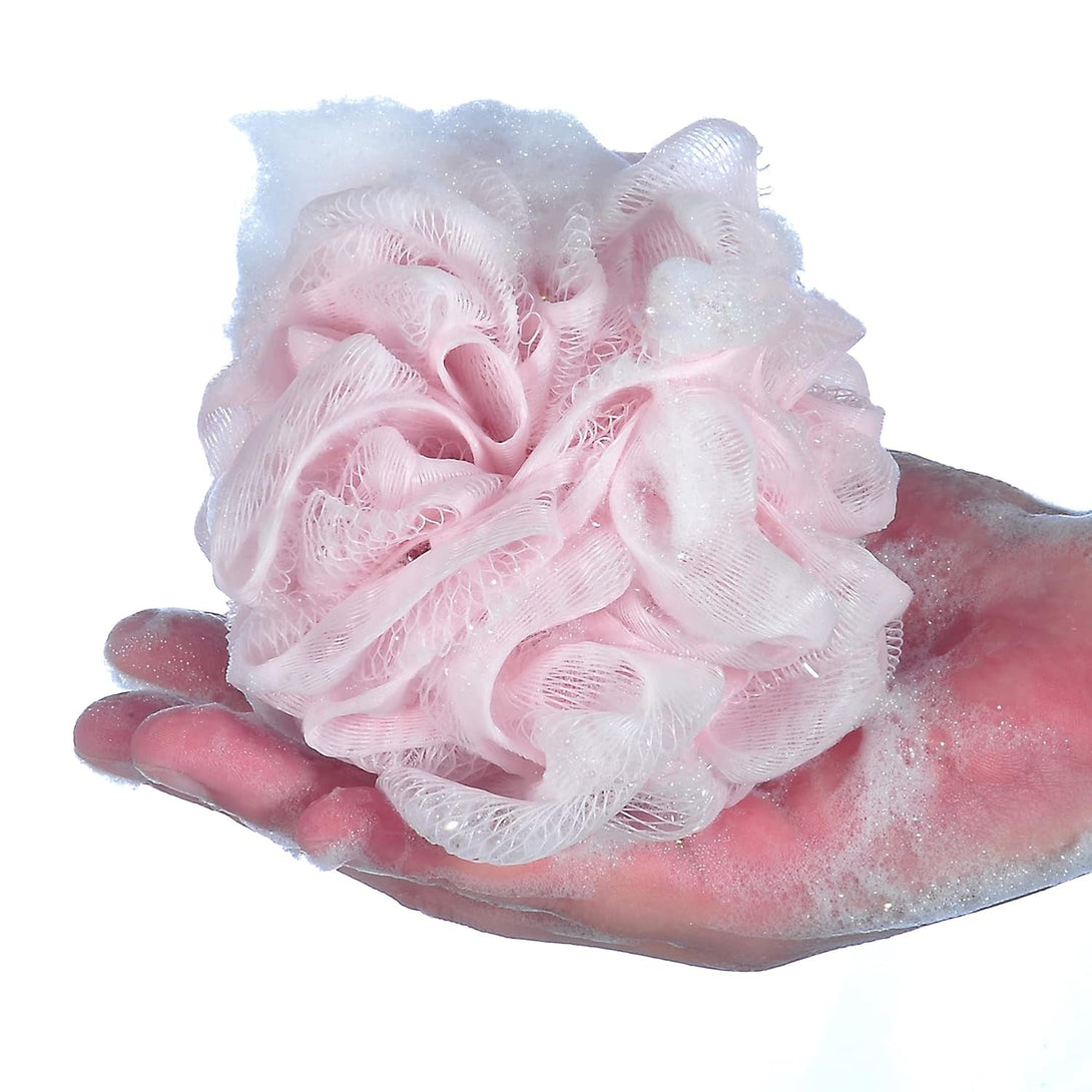 60G/Pcs Pink Mesh Bath Sponge Shower Pouf Loofahs Shower Puff Pack of 4 (Pink)