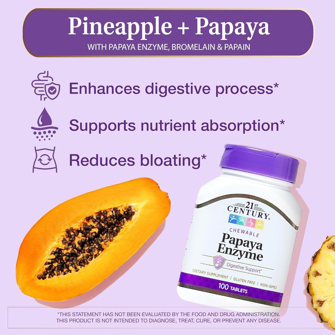 21St Century Papaya Enzyme Chewable (100 Count), Papaya & Pineapple Digestive Enzymes for Gut Health, Tropical Flavor, Non-Gmo, Gluten-Free, No Added Salt, Yeast, Artificial Flavors