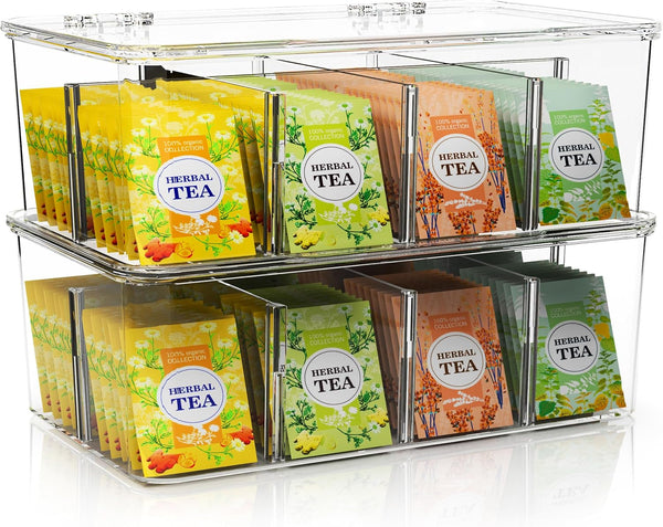 Utopia Home 2 Pack Tea Bag Organizer - Stackable Tea Bag Storage Organizer with Lid - Tea Bag Holder for Kitchen Organizers and Storage, Multi-Functional Kitchen Organizer, Home Organizer (Clear)