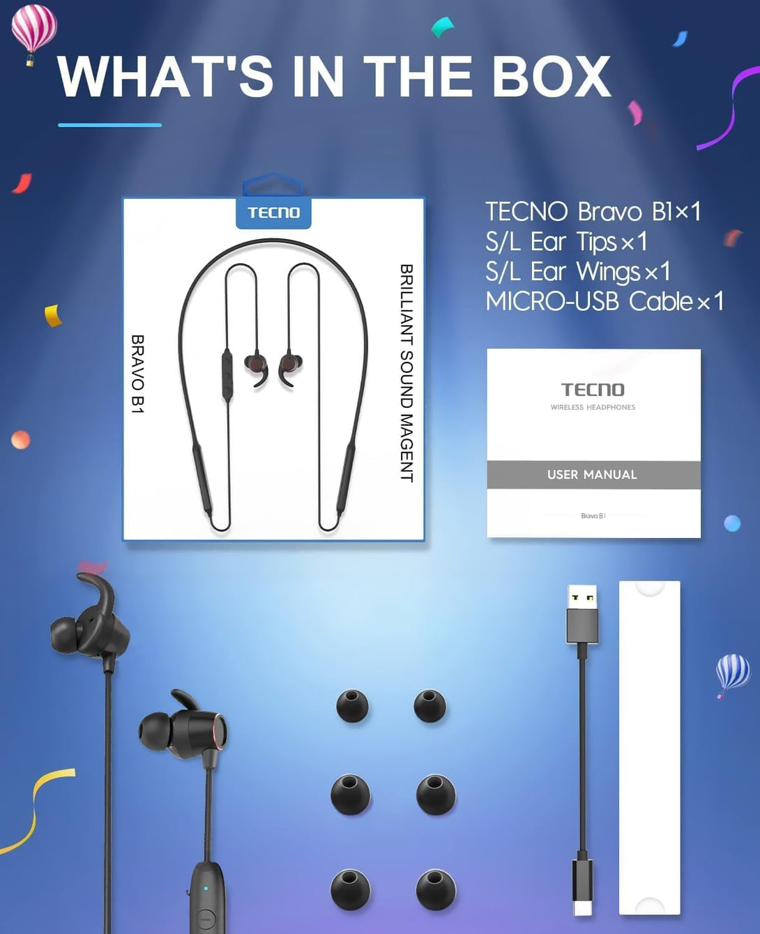 Tecno B1 Bluetooth Headphones, Bluetooth Earbuds Wireless with 60Hrs Playtime, Wireless Bluetooth Headphones for Sports, Sweatproof & IPX5 Waterproof Wireless Headphones（Black）