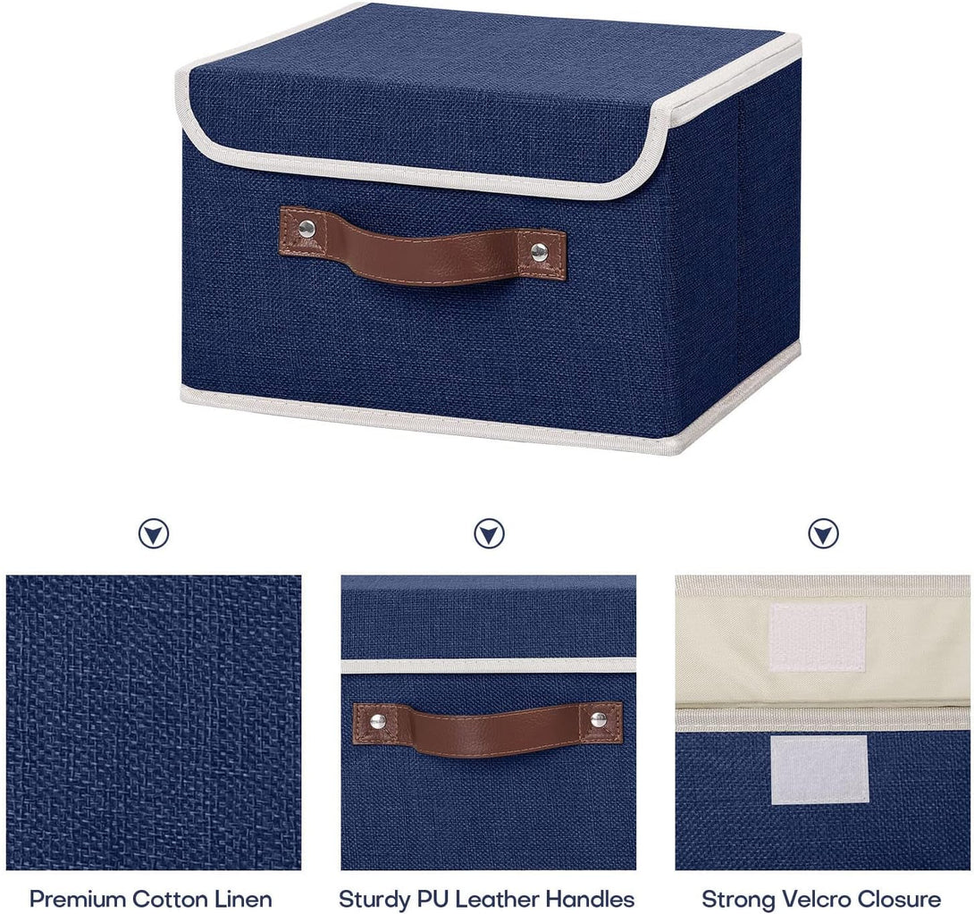 ANMINY 2PCS Storage Bins with Lid PU Leather Handles Storage Boxes PP Plastic Board Decorative Foldable Lidded Cotton Linen Fabric Home Cubes Baskets Closet Organizer Containers - Blue, Small Size