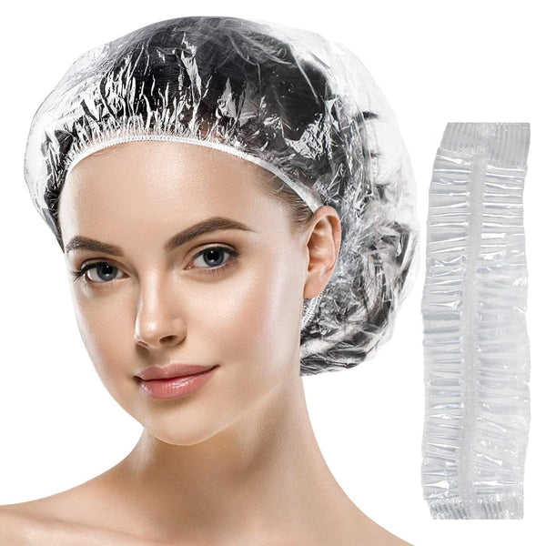Disposable Shower Caps, Plastic Clear Hair Cap Large Thick Waterproof Bath Caps for Women, Hotel Travel Essentials Accessories Deep Conditioning Hair Care Cleaning Supplies (One Size, Count, 100)