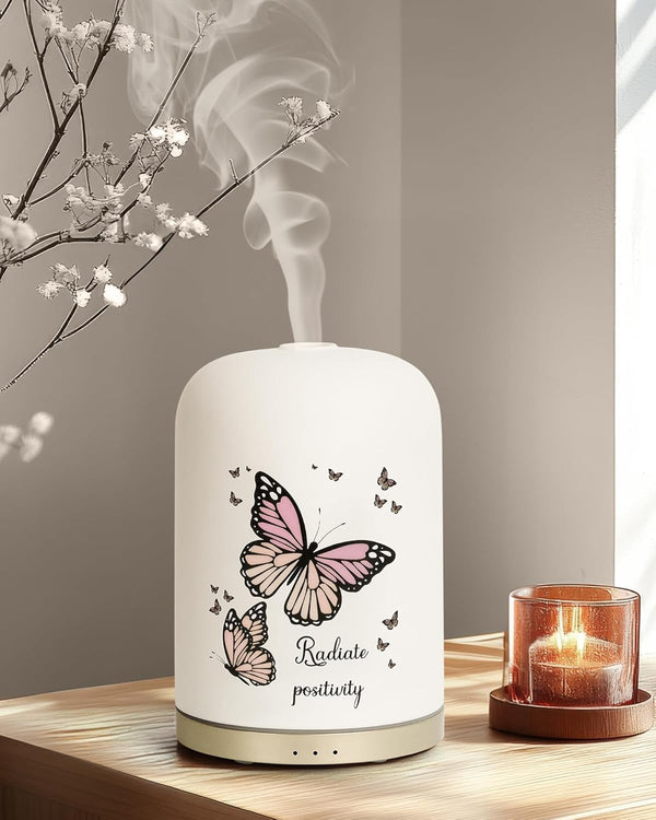 110ML Essential Oil Diffuser, Ceramic Diffusers for Essential Oils Large Room, Fragrance Aroma Diffuser with USB Cable, Warm Night Light and Auto-Off for Home Office Yoga Pilates,Butterflies