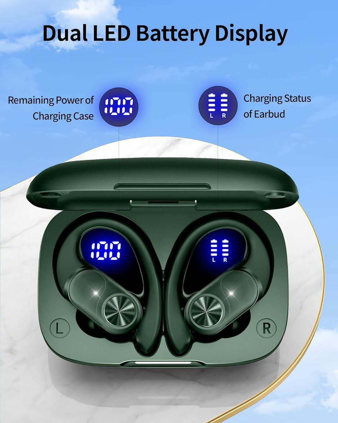 Pocbuds Bluetooth Headphones Wireless Earbuds 80Hrs Playtime Wireless Charging Case Digital Display Sports Ear Buds with Earhook Deep Bass IPX7 Waterproof Over-Ear Earphones for TV Phone Laptop Olive