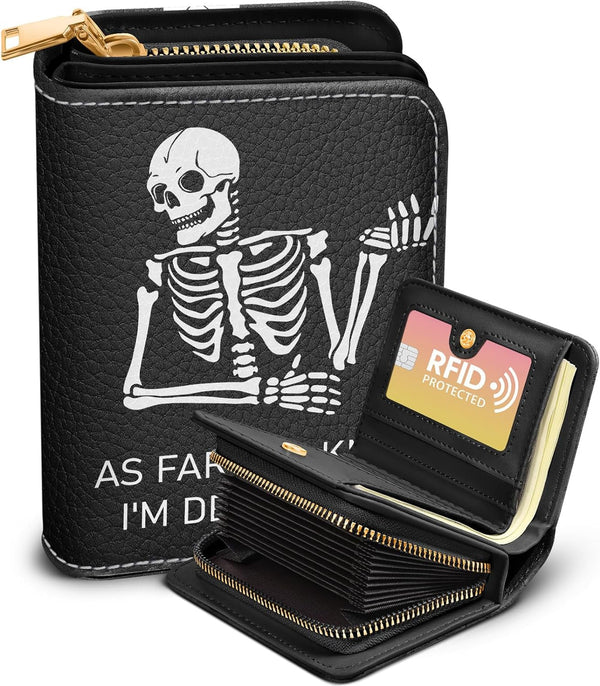 Bistup Credit Card Holder Wallet for Women Cute Leather Ladies Teen Girls Female Cardholder Wallets Accordion Purse Small Medium Aesthetic Print Skeleton Modern Design Rfid Zipper Around