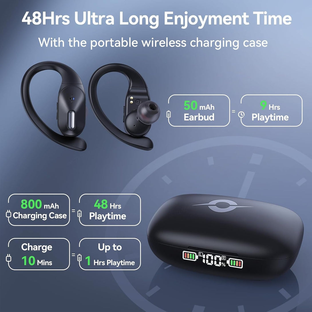 Bluetooth Headphones Wireless Earbuds Bass Stereo Sound with Wireless Charging Case 48H Playback Earphones LED Display with Built in Mic and over Earhooks Waterproof Headset for Running