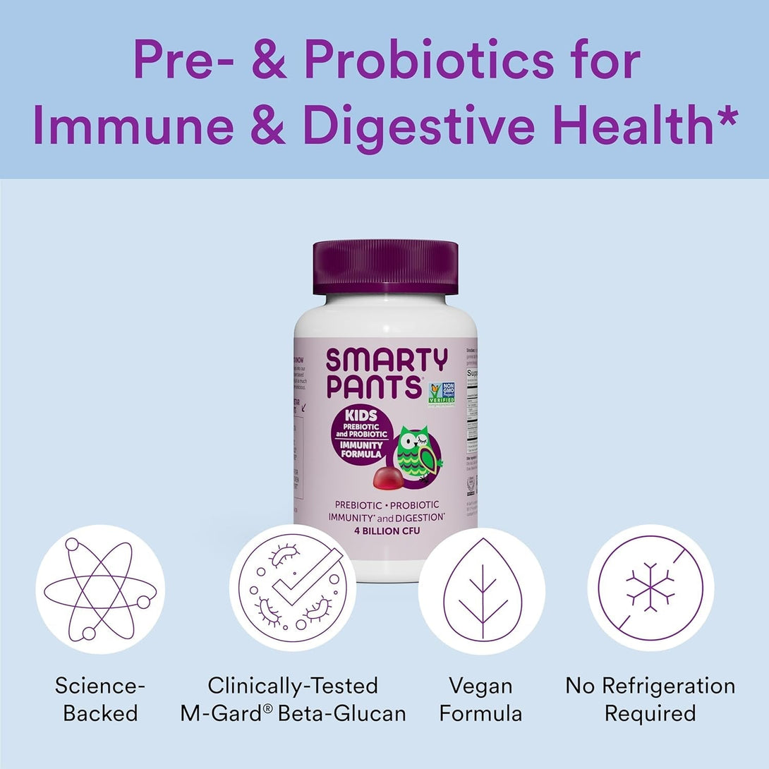 Smartypants Kids Probiotic Immunity Gummies: Prebiotics & Probiotics for Digestive Health and Immune Support Supplement, Gluten Free, Vegan, Grape Flavor, 60 Count (30 Day Supply)